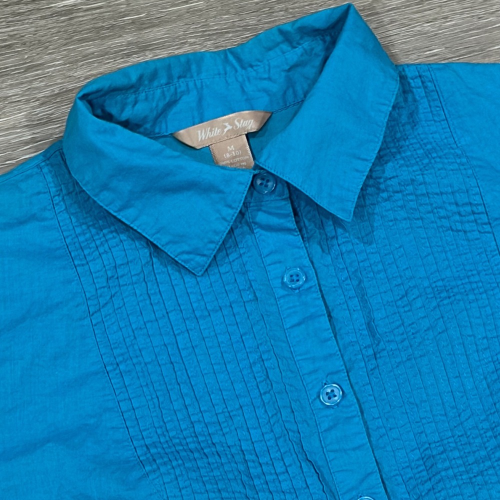 White Stag Blue Aquarium Cotton Button Down Pleated Bib Shirt Womens Medium 8-10